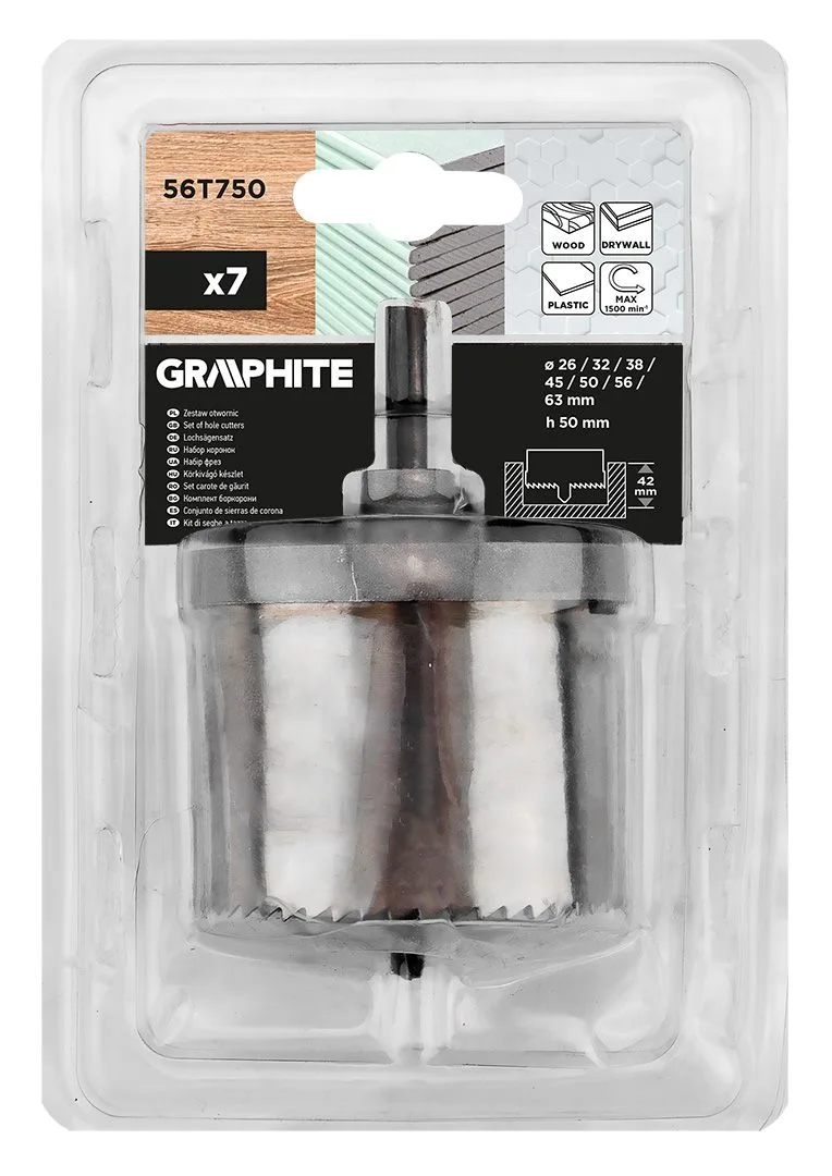 Коронки для дерева GRAPHITE 26-63х50мм, набор из 7 штук