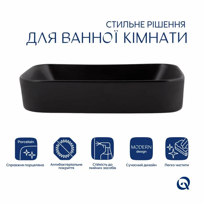 Раковина накладна Qtap Scorpio 550x390 мм кераміка матова чорна з донним клапаном PU03