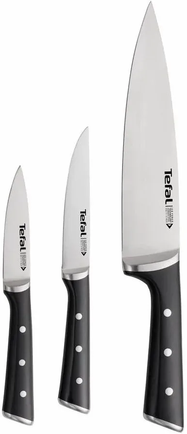 Набор кухонных ножей Tefal Ice Force, 3 шт. из нержавеющей стали, пластиковые ручки, черный цвет.