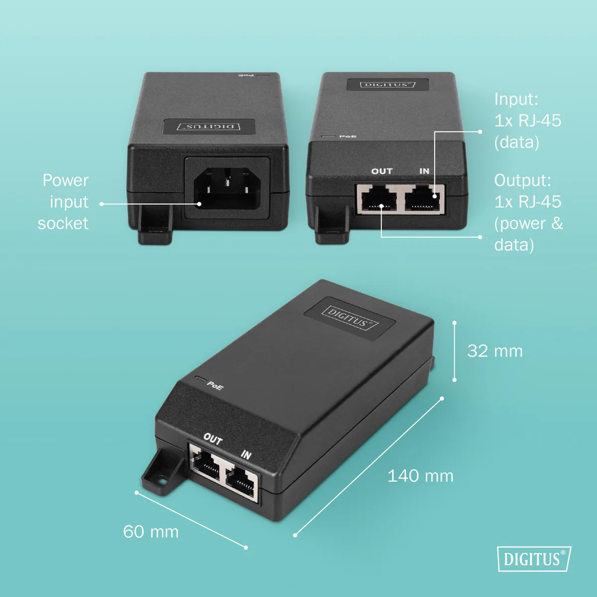 PoE-Інжектор DIGITUS PoE+ 802.3at, 10/100/1000 Mbps, Output max. 48V, 30W, чорний