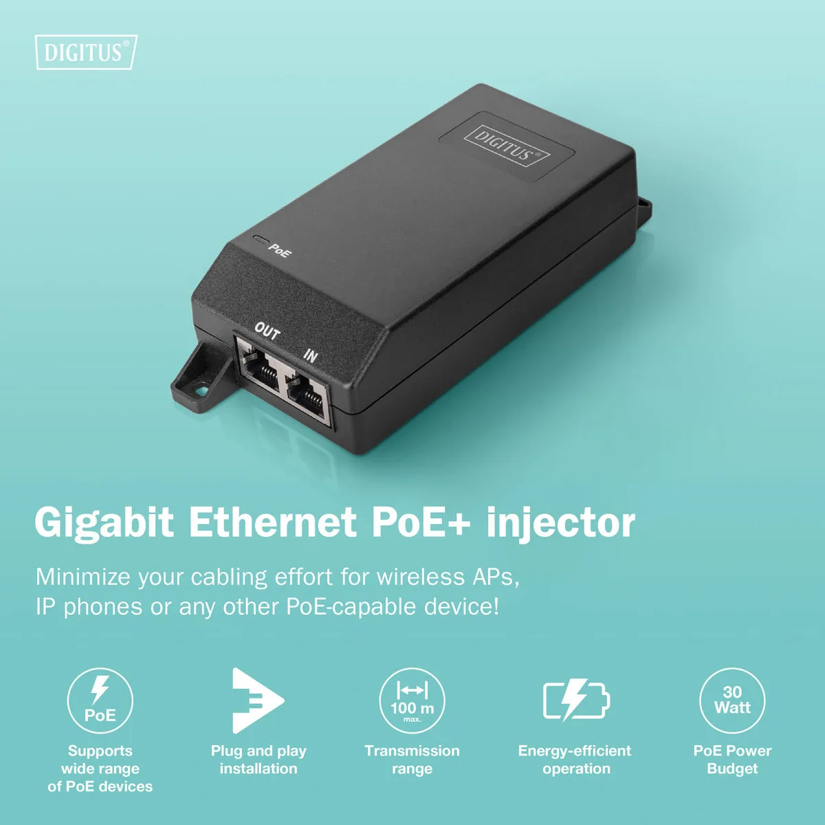 PoE-Інжектор DIGITUS PoE+ 802.3at, 10/100/1000 Mbps, Output max. 48V, 30W, чорний