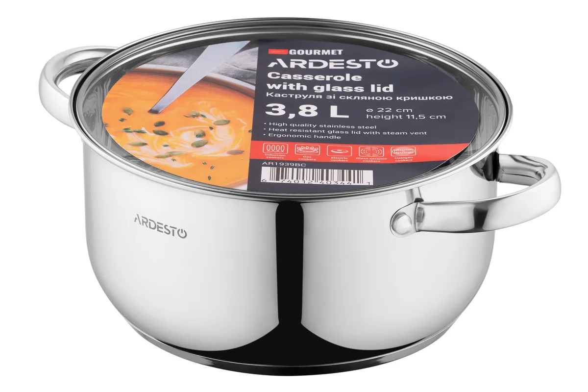 Каструля з прозорою кришкою ARDESTO Gemini Gourmet Aosta, об'ємом 3.8 л, з нержавіючої сталі.
