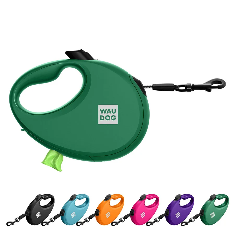 Повідець-рулетка WAUDOG R-leash L 500 см пластик зелений з контейнером для пакетів