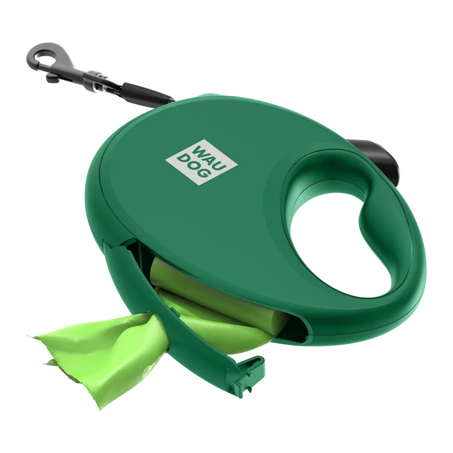 Повідець-рулетка WAUDOG R-leash L 500 см пластик зелений з контейнером для пакетів
