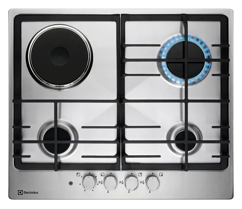 Комбінована варильна панель Electrolux (3 газові конфорки + 1 електрична), 60 см, чавун та нержавіюча сталь.