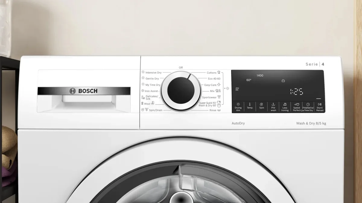 Прально-сушильний апарат Bosch фронтального завантаження, 8(5)кг, 1400 об/хв, клас E, 59 см, з дисплеєм, білий.