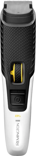 Тример Remington для бороди та вусів, акумуляторний, роторний двигун, металевий, чорно-білий.