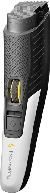 Тример Remington для бороди та вусів, акумуляторний, роторний двигун, металевий, чорно-білий.