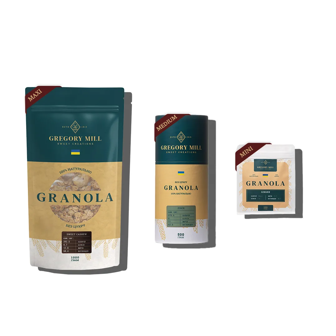 Набор гранолы Gregory Mill 1750 г - здоровый завтрак для перекуса и семейных моментов, хрустящий снек.