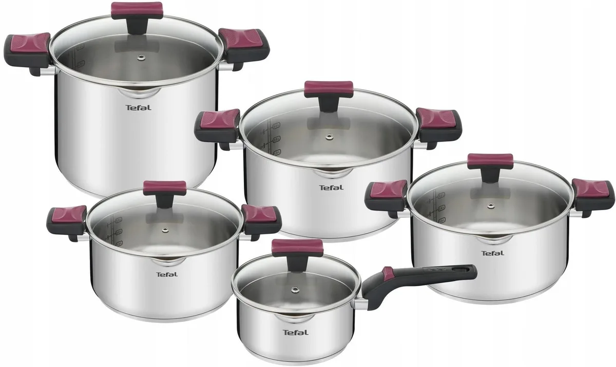 Набір кухонного посуду Tefal CookClip, 10 предметів, з нержавіючої сталі, бакелітовими ручками та скляними кришками.