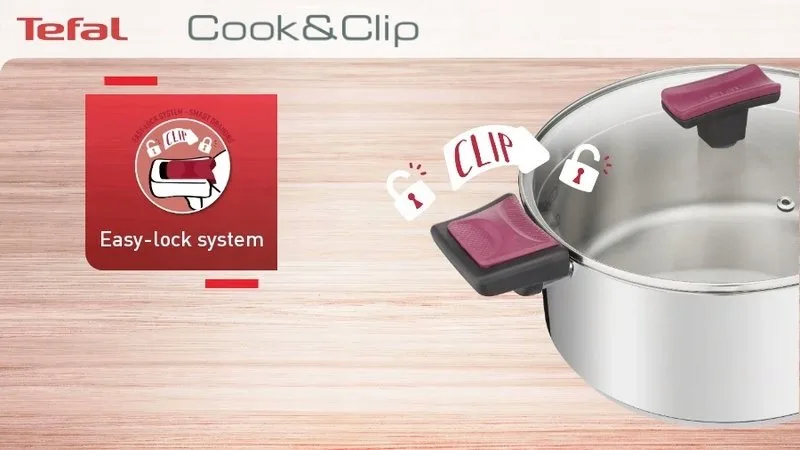 Набор кухонной посуды Tefal CookClip, 10 предметов из нержавеющей стали, бакелитовыми ручками и стеклянными крышками.