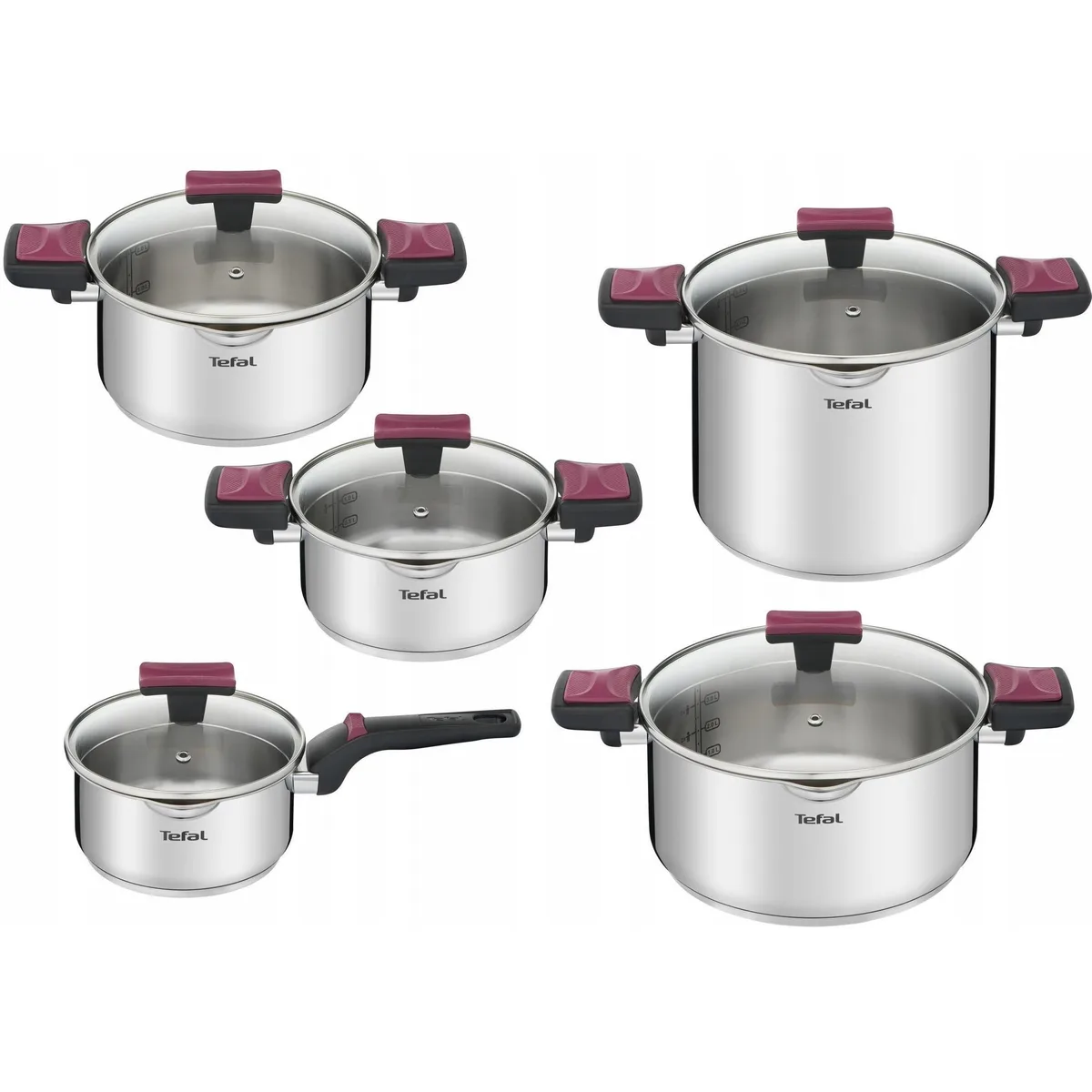 Набор кухонной посуды Tefal CookClip, 10 предметов из нержавеющей стали, бакелитовыми ручками и стеклянными крышками.