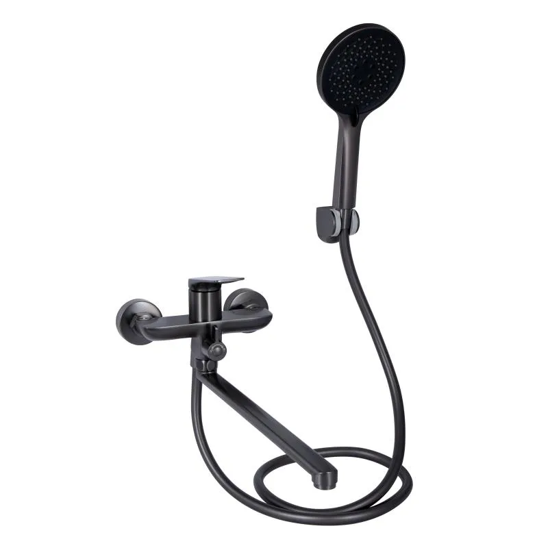 Змішувач для ванни Qtap Vlasta New довгий поворотний вилив 338 мм латунь Gunmetal Black