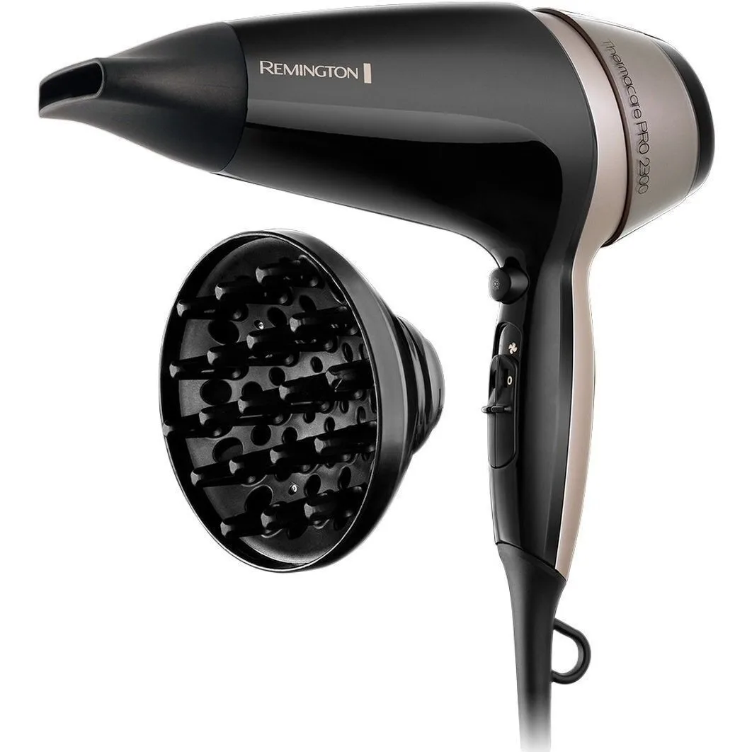 Фен Remington Thermacare Pro, мощностью 2100 Вт, с 3 режимами работы, диффузором, турмалиновой ионизацией и холодным обдувом, черно-коричневого цвета