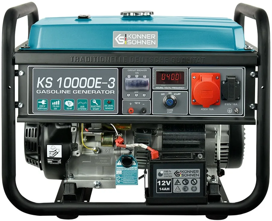 Бензиновий генератор KonnerSohnen KS 10000E-3, 400В, 7.5кВт, трифазний, з електричним стартером, вага 88кг.