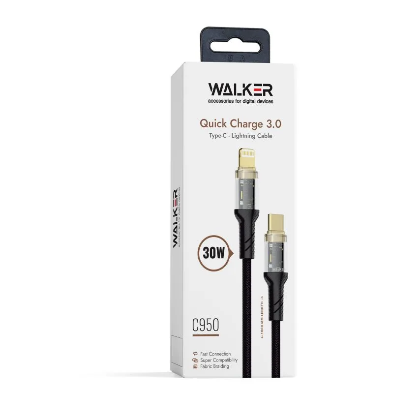 Кабель USB WALKER тканинний 1м Type-C to Lightning чорний
