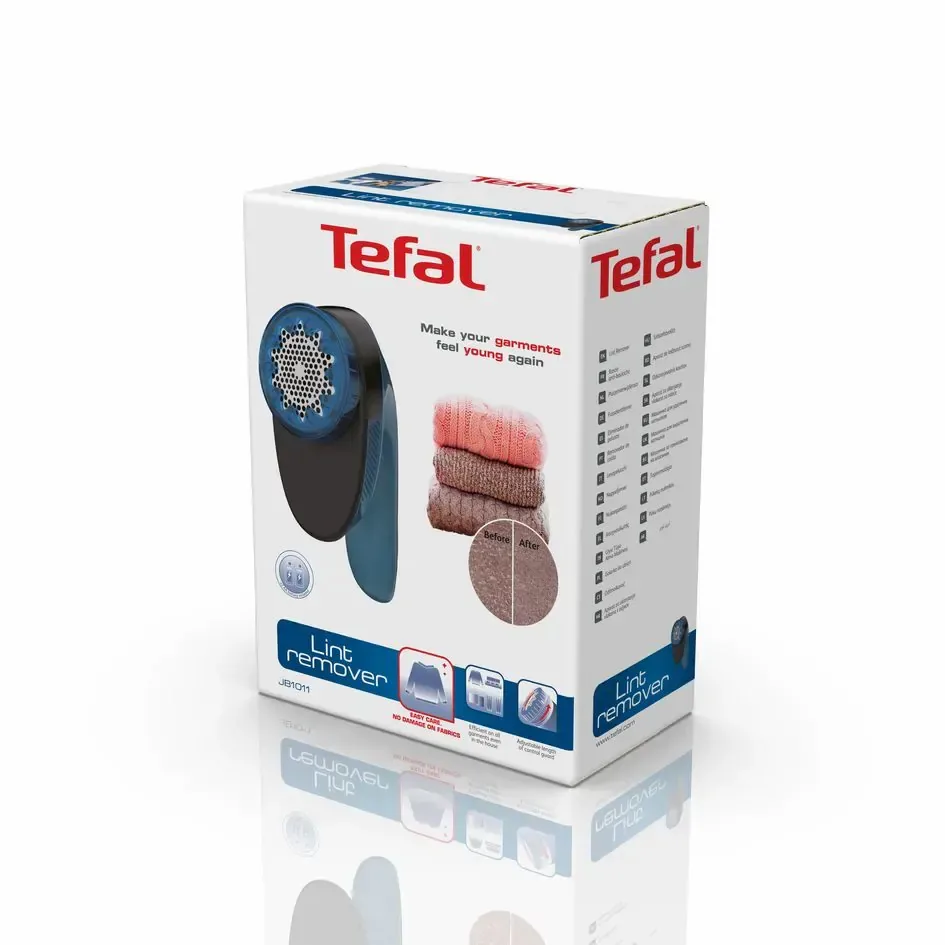 Прилад для усунення катишків Tefal, з широкими лезами, 2 батарейки АА у комплекті, синього кольору.