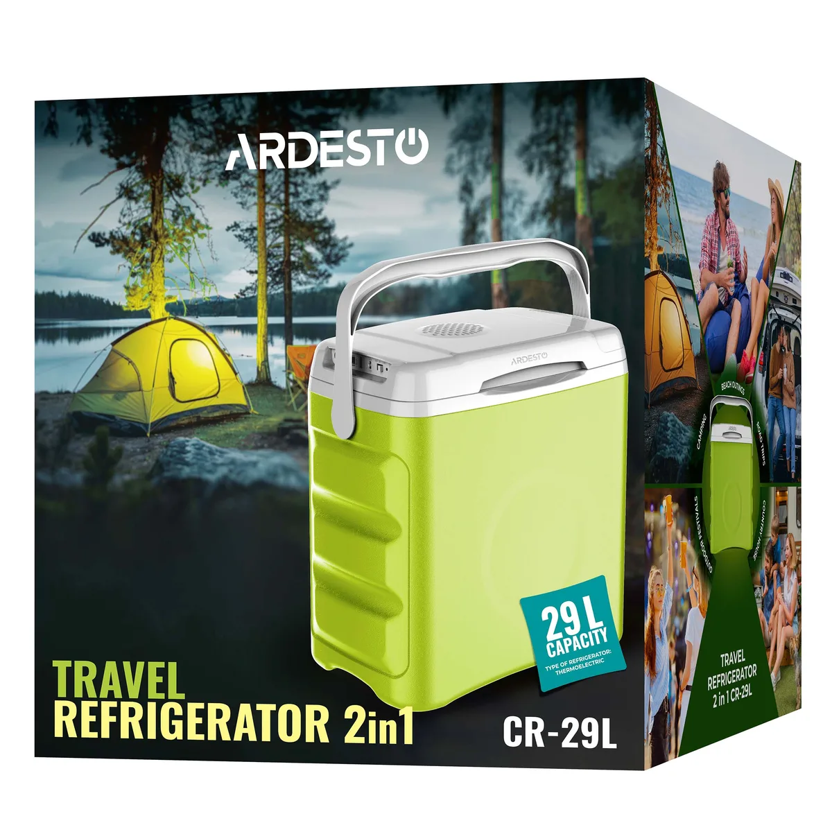 Холодильник дорожній ARDESTO, 2в1, 29л, 220/12В, підігрів 55°C, охолодження 18-20°C, USB-порт, 5кг, салатовий