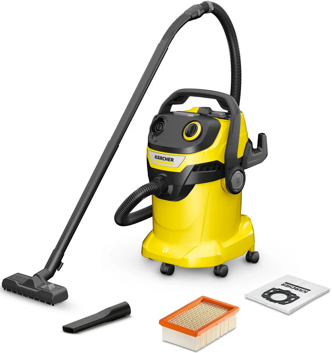 Професійний пилосос Karcher WD 5 з потужністю 1100 Вт, об'ємом контейнера 25 л та вагою 8.45 кг.