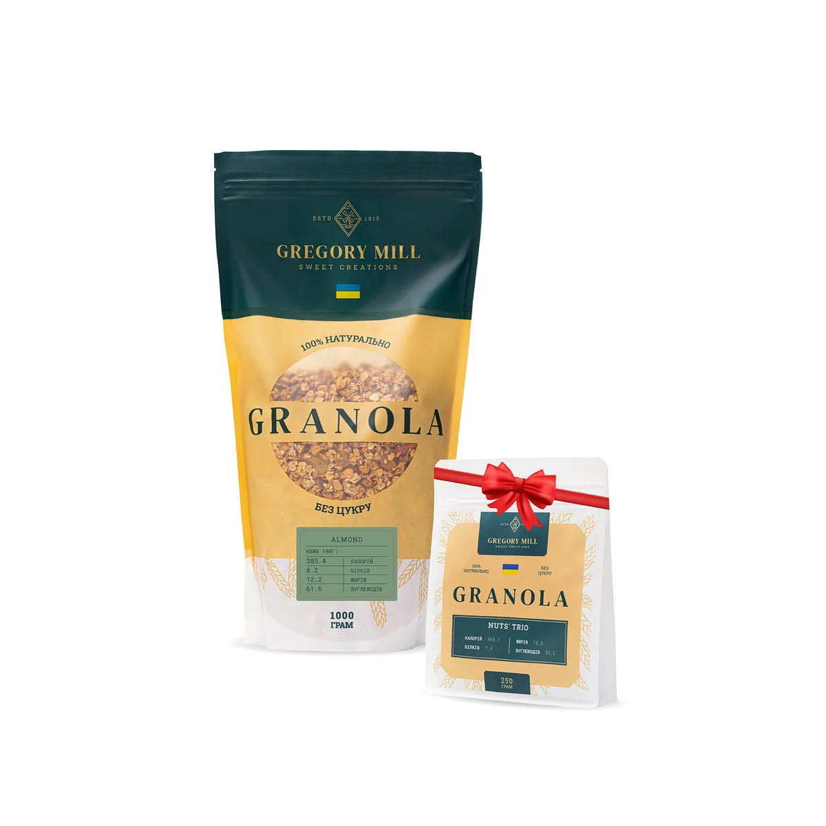 Набір граноли Mini Almond, 1 кг & Nuts’ Trio, 250 г у подарунок Gregory Mill