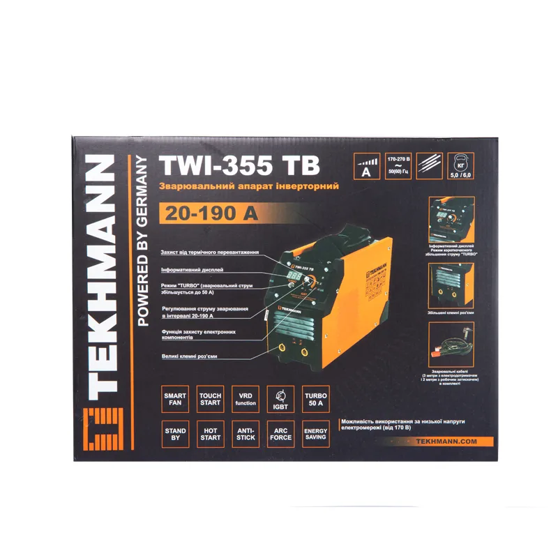 Инверторный сварочный аппарат Tekhmann TWI-355 TB 140А (190А в режиме turbo) мощностью 52-82 кВт, напряжение 170-270В, вес 5 кг