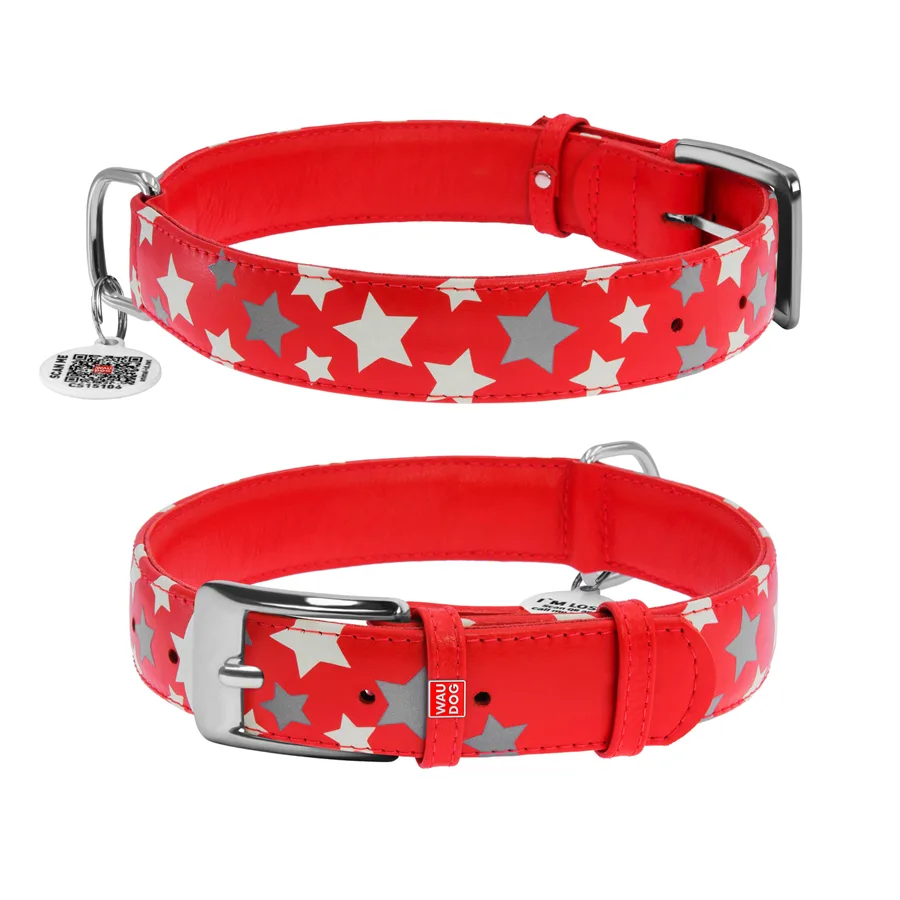 Нашийник WAUDOG Glamour шкіряний світловідбивний 35 мм XL 46-60 см червоний