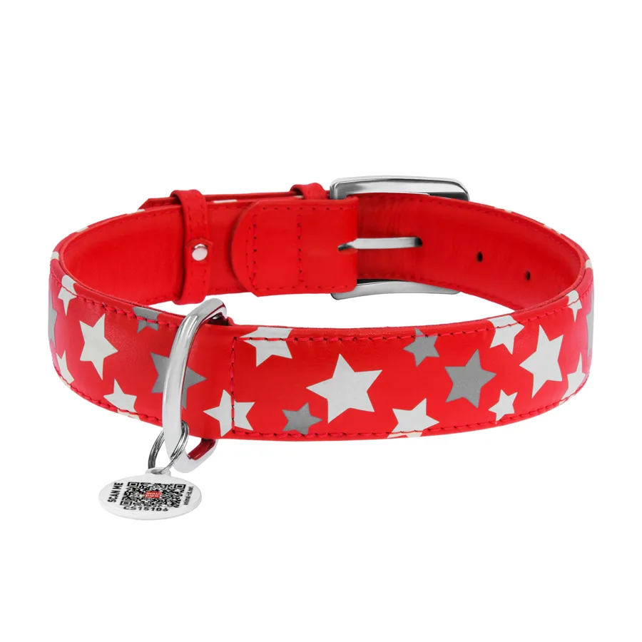 Нашийник WAUDOG Glamour шкіряний світловідбивний 35 мм XL 46-60 см червоний