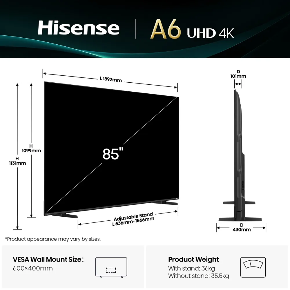 LED телевізор Hisense 85 дюймів чорний UHD 4K VA