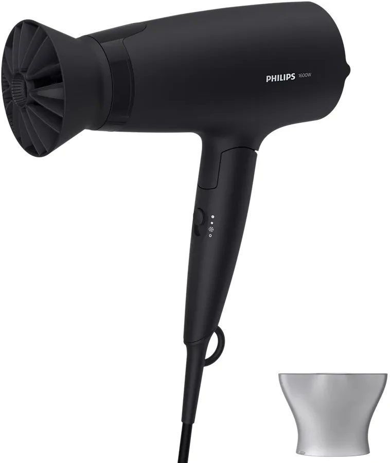 Фен Philips 3000 Series для путешествий, мощность 1600Вт, 3 настройки, диффузор, функция холодного обдува, черный