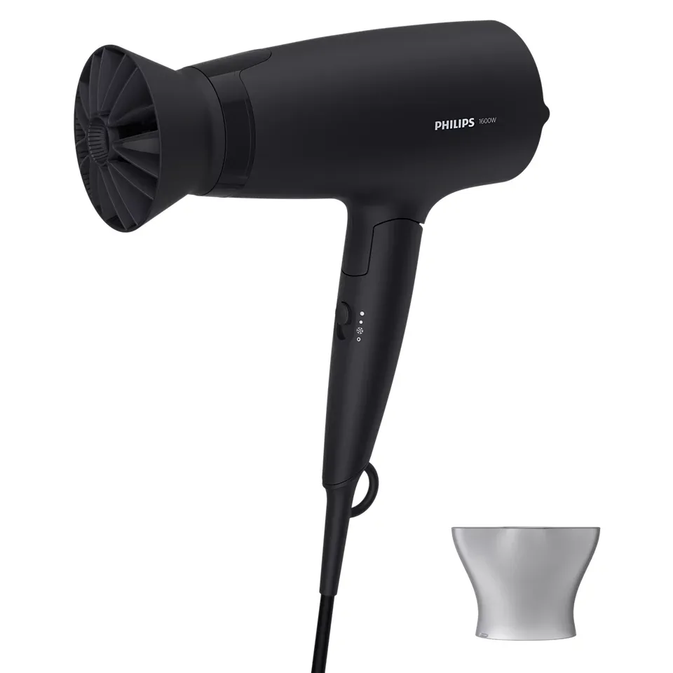 Фен Philips 3000 Series для путешествий, мощность 1600Вт, 3 настройки, диффузор, функция холодного обдува, черный