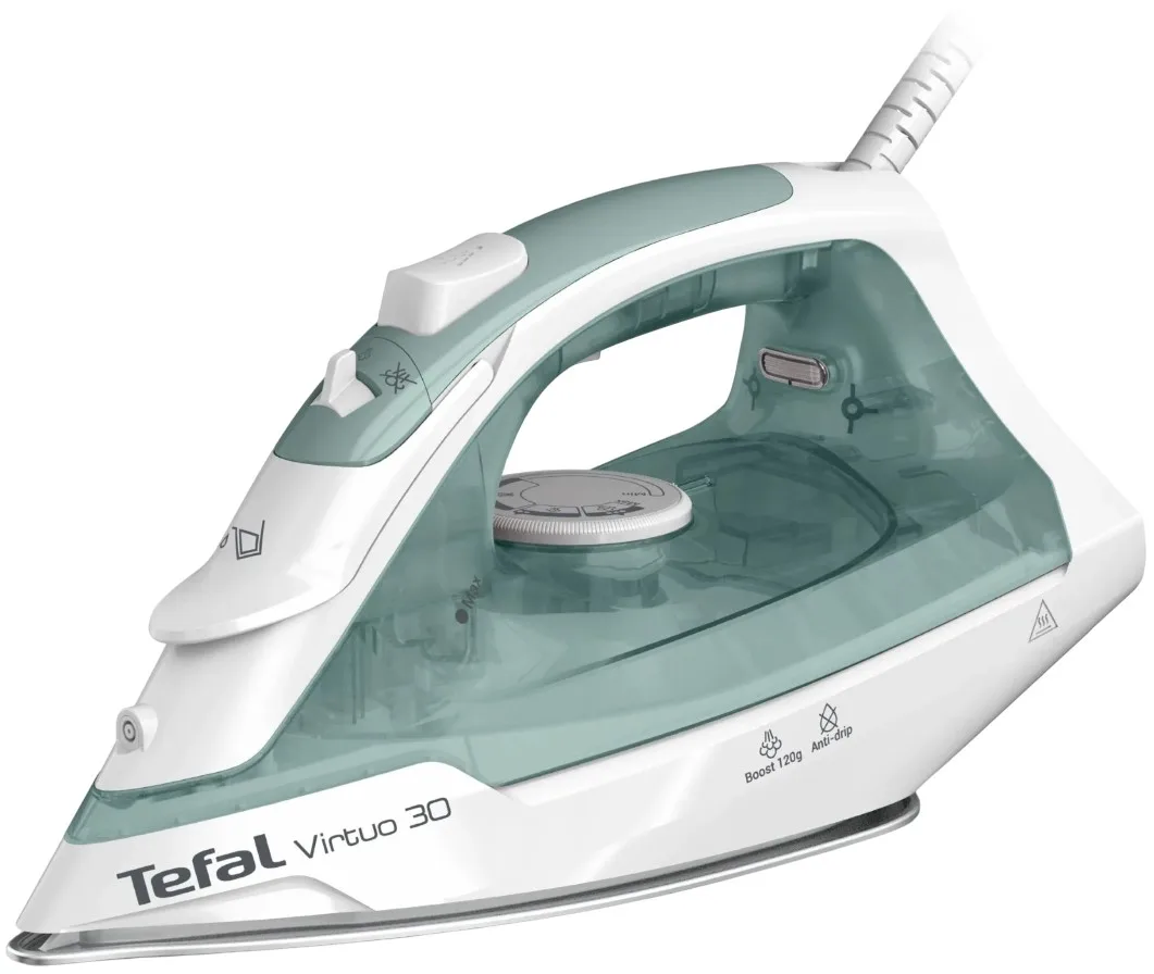 Праска Tefal Virtuo 30, 2000Вт, 240мл, паровий удар 120°C, постійна подача пари 27г/хв, керамічна підошва, біло-зелений.