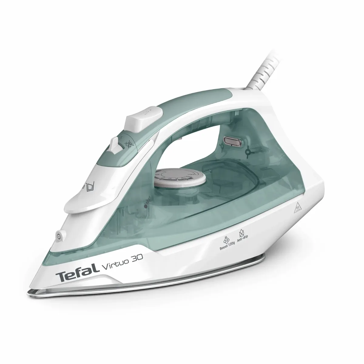 Утюг Tefal Virtuo 30, 2000Вт, 240мл, паровой удар 120°C, постоянная подача пара 27г/мин, керамическая подошва, бело-зеленый