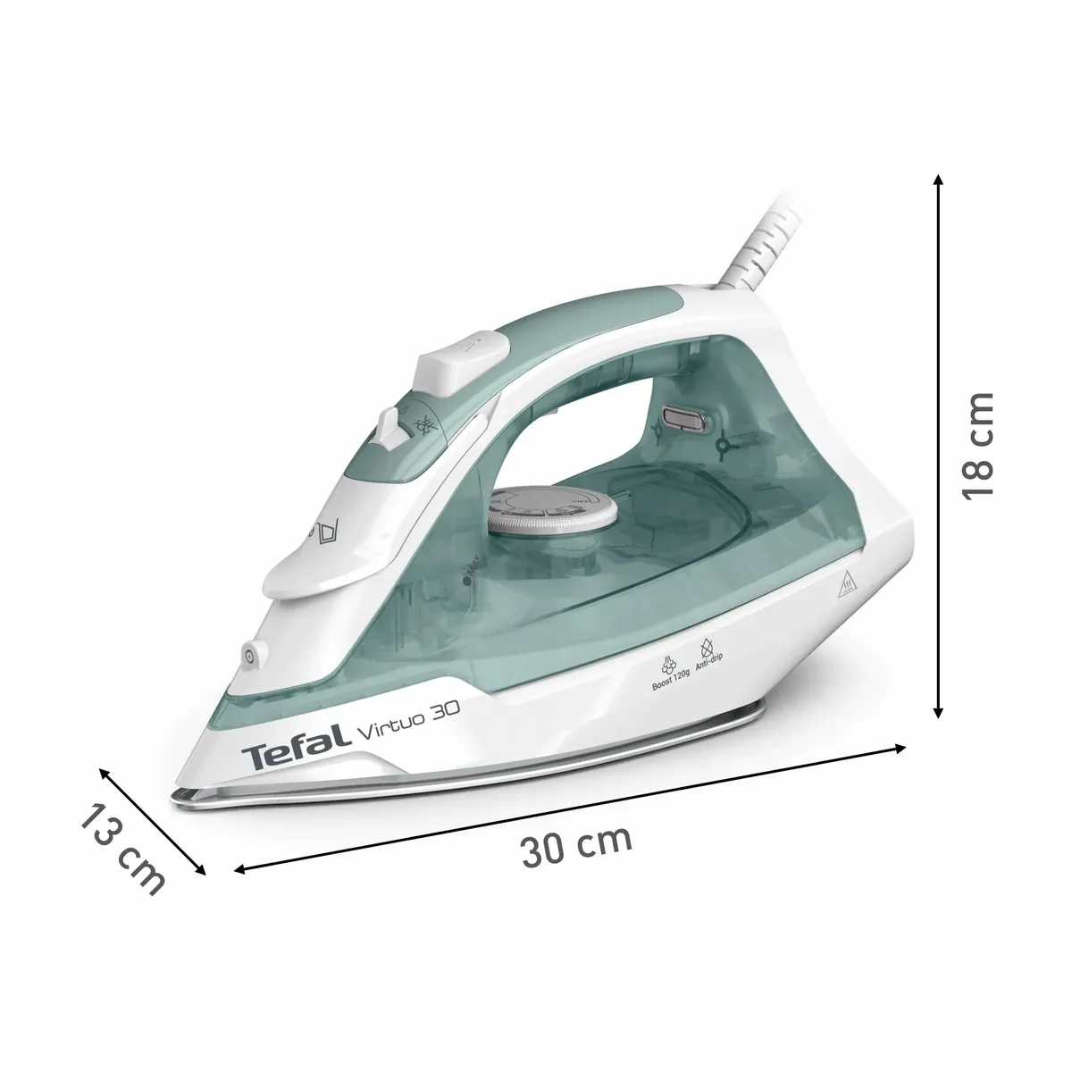 Утюг Tefal Virtuo 30, 2000Вт, 240мл, паровой удар 120°C, постоянная подача пара 27г/мин, керамическая подошва, бело-зеленый