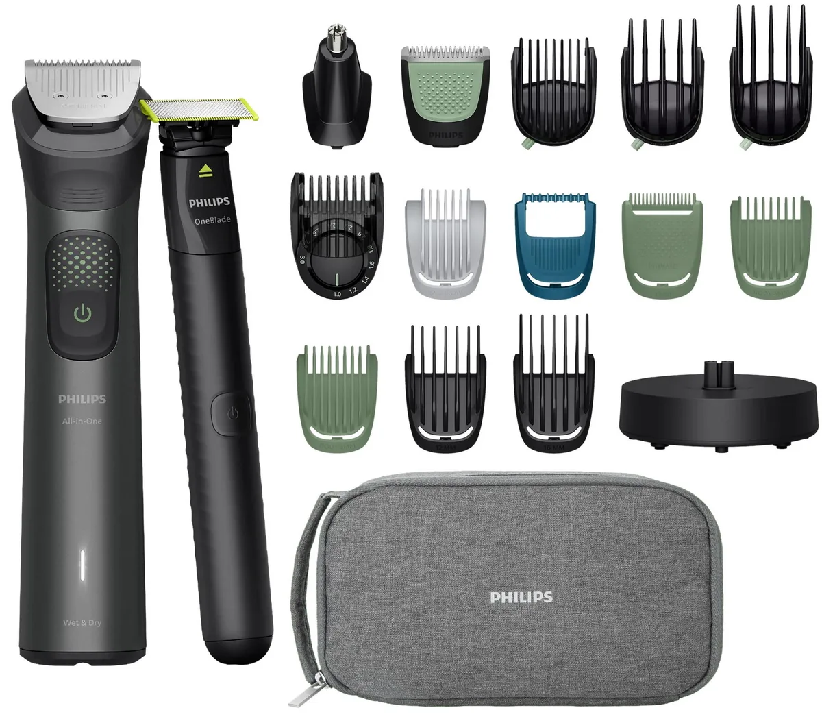 Тример Philips Series 9000 для обличчя, голови та тіла, акумуляторний, 19 насадок у комплекті, з нержавіючої сталі, сірого кольору