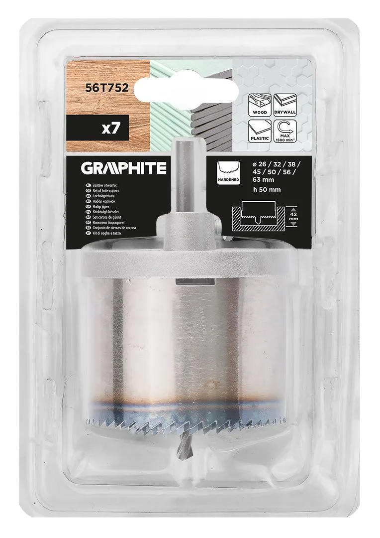 Загартовані дерев'яні коронки GRAPHITE з зубцями 26-63х50мм, 7 штук.