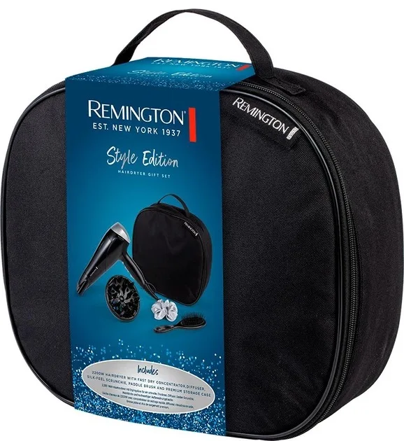 Фен Remington Style Edition, 2200 Вт, 3 настройки, ионизация, холодный обдув, диффузор, расческа, резинка, кейс, черный