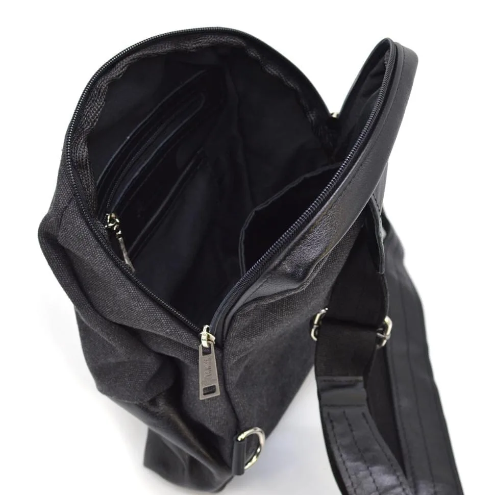Чоловіча слинг-сумка TARWA з шкіри та канвасу чорна рюкзак через плече для повсякденного використання.