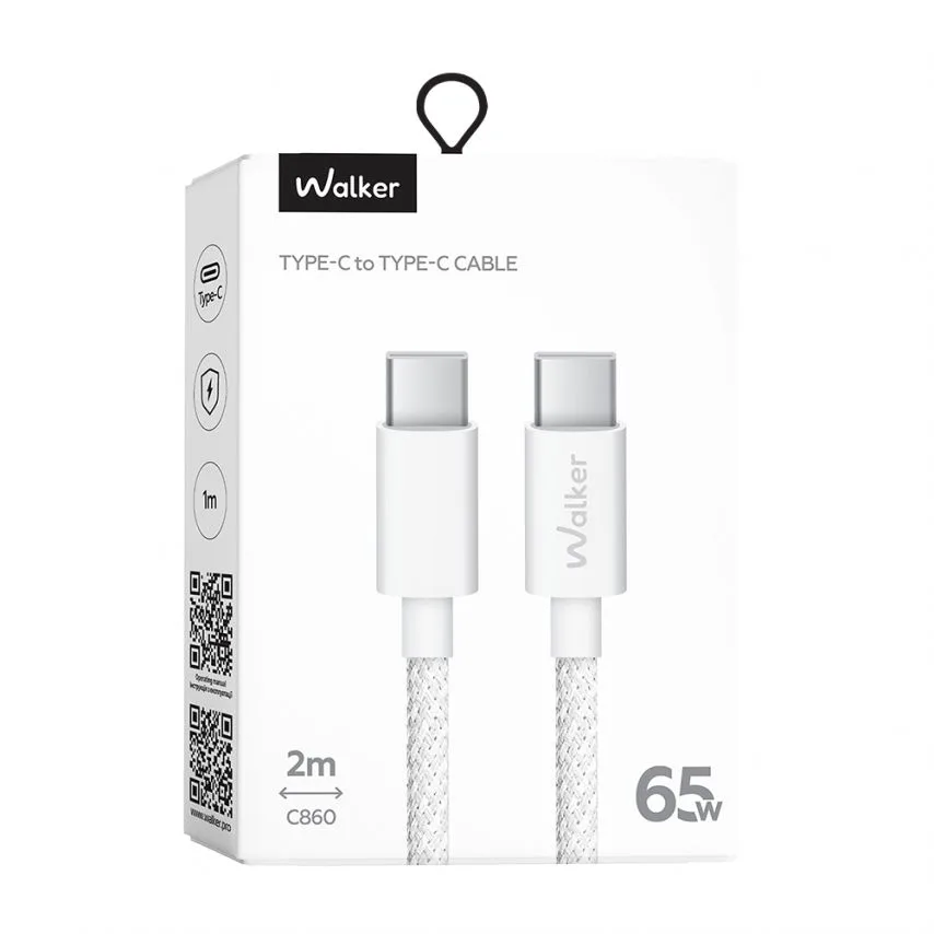 Кабель USB Type-C to Type-C 65W 2м тканинний білий WALKER