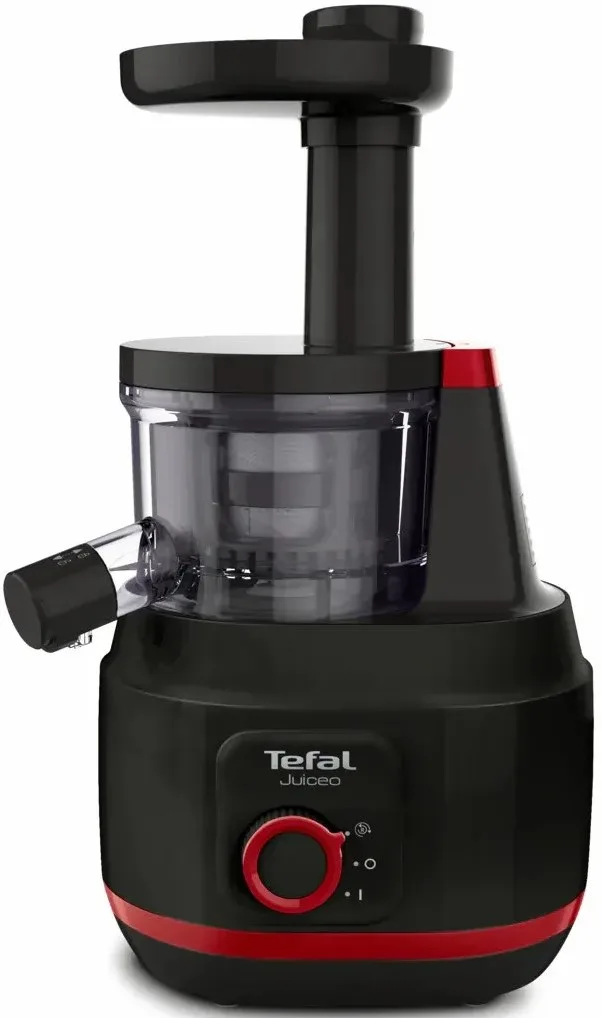 Соковыжималка Tefal Juiceo шнекового типа, мощность 150Вт, объем чаши 08л, объем жмыха 08л, насадка для цитрусовых, пластиковый корпус, красно-черный дизайн