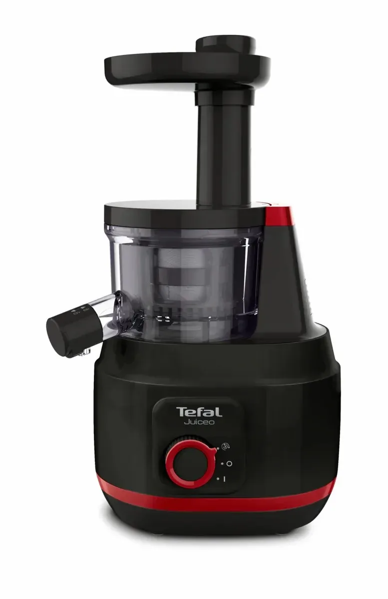 Соковыжималка Tefal Juiceo шнекового типа, мощность 150Вт, объем чаши 08л, объем жмыха 08л, насадка для цитрусовых, пластиковый корпус, красно-черный дизайн