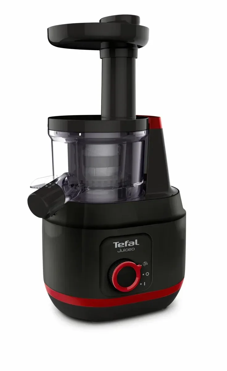 Соковыжималка Tefal Juiceo шнекового типа, мощность 150Вт, объем чаши 08л, объем жмыха 08л, насадка для цитрусовых, пластиковый корпус, красно-черный дизайн