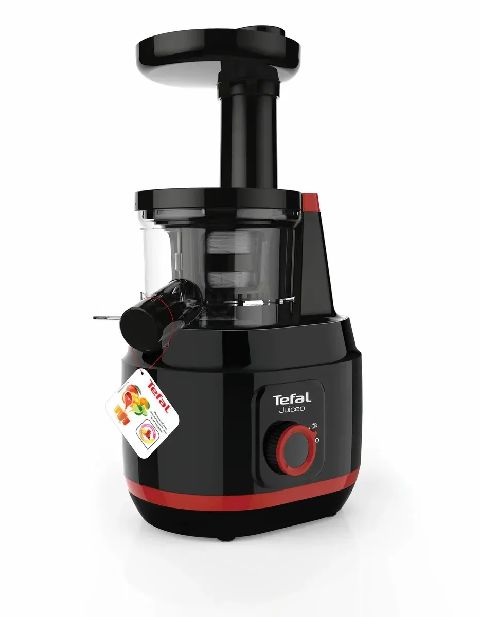 Соковыжималка Tefal Juiceo шнекового типа, мощность 150Вт, объем чаши 08л, объем жмыха 08л, насадка для цитрусовых, пластиковый корпус, красно-черный дизайн