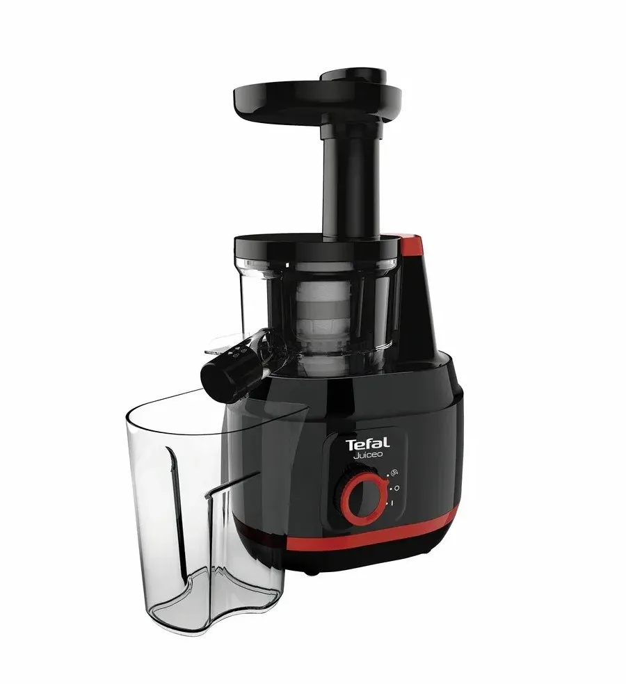 Соковыжималка Tefal Juiceo шнекового типа, мощность 150Вт, объем чаши 08л, объем жмыха 08л, насадка для цитрусовых, пластиковый корпус, красно-черный дизайн