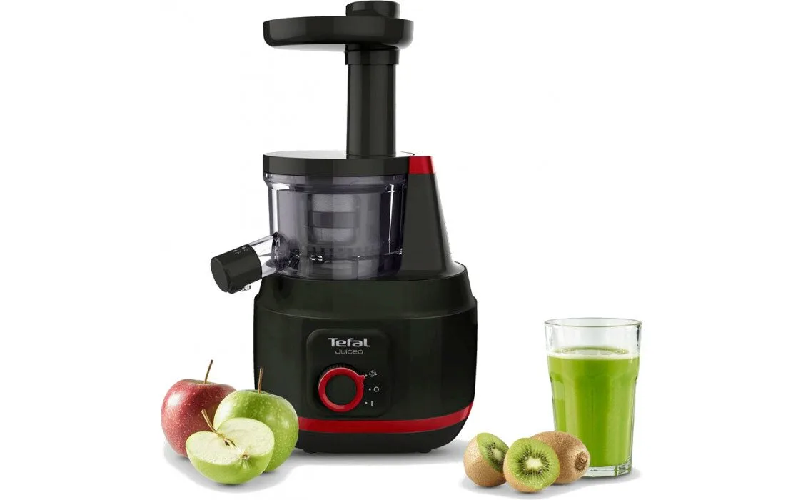 Соковыжималка Tefal Juiceo шнекового типа, мощность 150Вт, объем чаши 08л, объем жмыха 08л, насадка для цитрусовых, пластиковый корпус, красно-черный дизайн