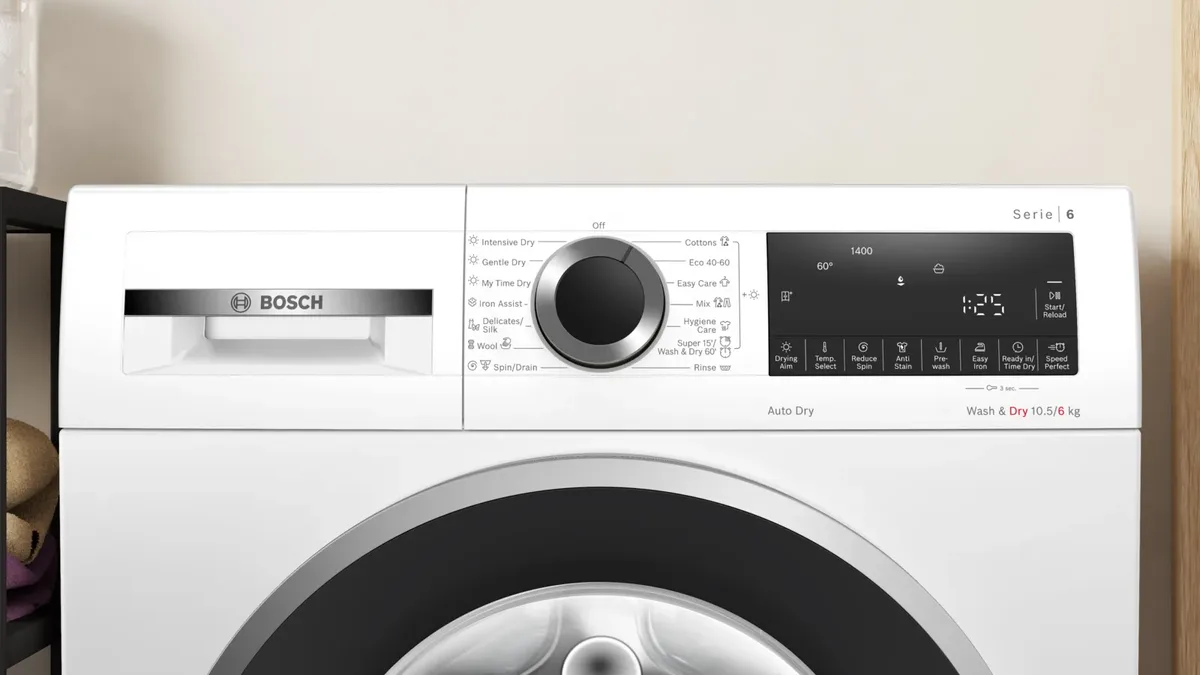 Стирально-сушильный аппарат Bosch фронтальной загрузки, 105(6) кг, 1400 об/мин, класс энергопотребления A, ширина 60 см, с дисплеем, инверторный, белый