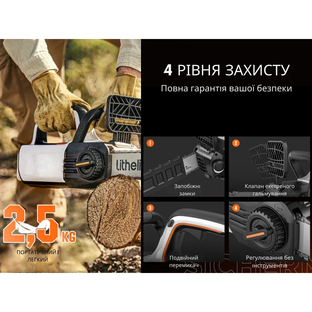 Акумуляторна ланцюгова пила Litheli 30,5 см живлення від павербанка 10000 мАгод