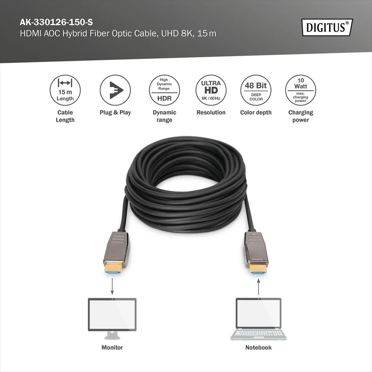 Кабель DIGITUS HDMI UHD 8K, AOC hybrid-fiber, type A M/M, 15м, чорний