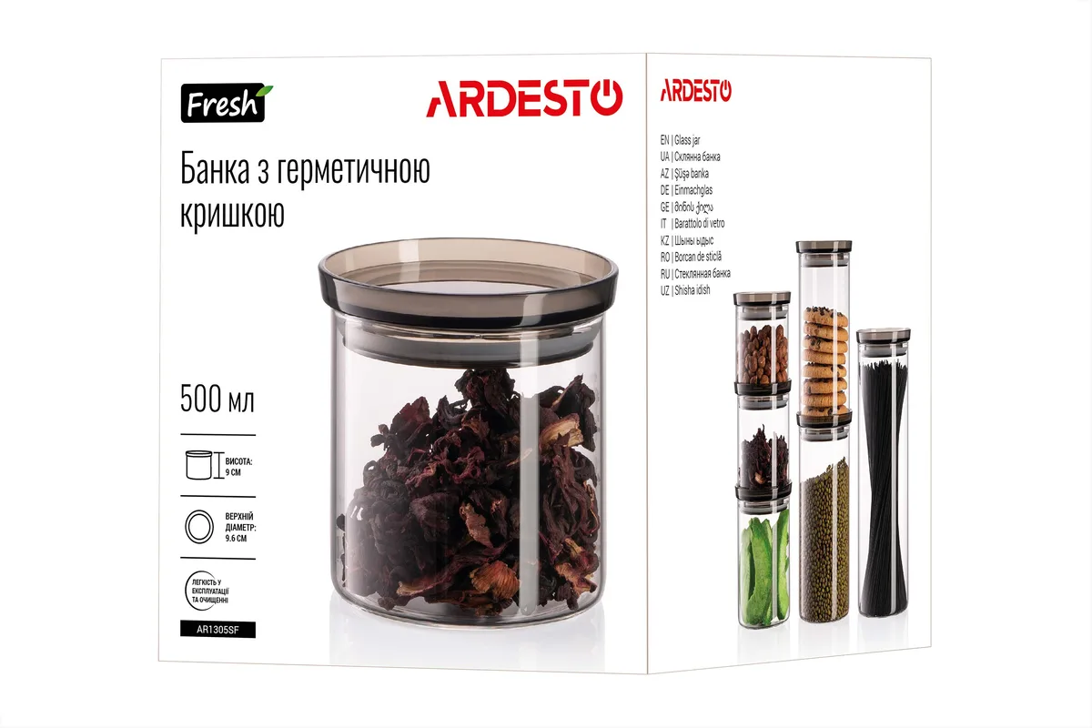 Контейнер для зберігання ARDESTO Fresh, 500 мл, скляний, пластиковий, прозорий.