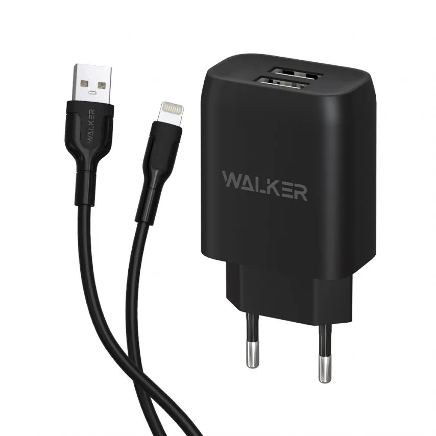 Мережевий зарядний пристрій WALKER 2USB 2.1A 1м чорний