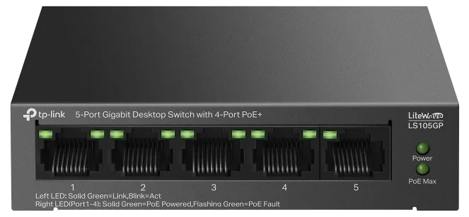 Комутатор TP-Link 5 портів 10/100/1000 Мбіт/с PoE+ 65 Вт без вентилятора